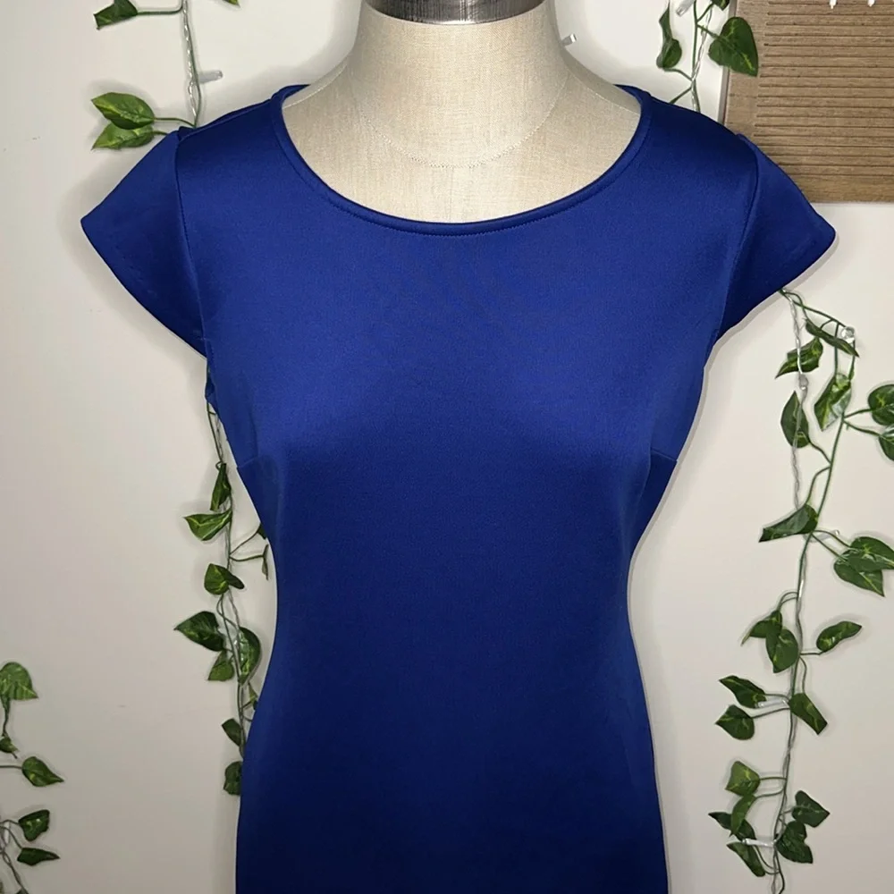 New York & Company Stretch Cobalt Blue Cap Sleeve  Business Casual Midi Dress - Picture 2 of 7